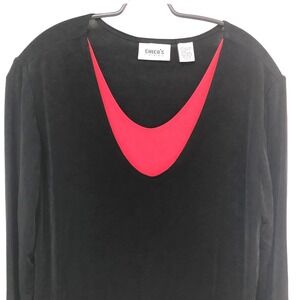 Y2K Chico's Womens Jersey Knit Top M Layered Look Slinky USA Black Relax Fit‎